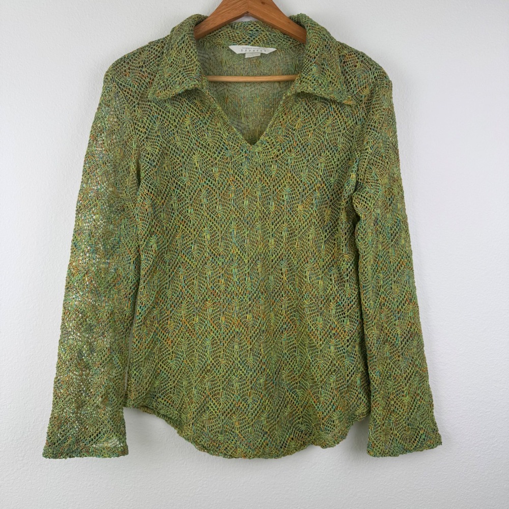 Rare Express Knit Top Women L  Excellent Vintage Y2K Crochet Long Sleeve V-Neck